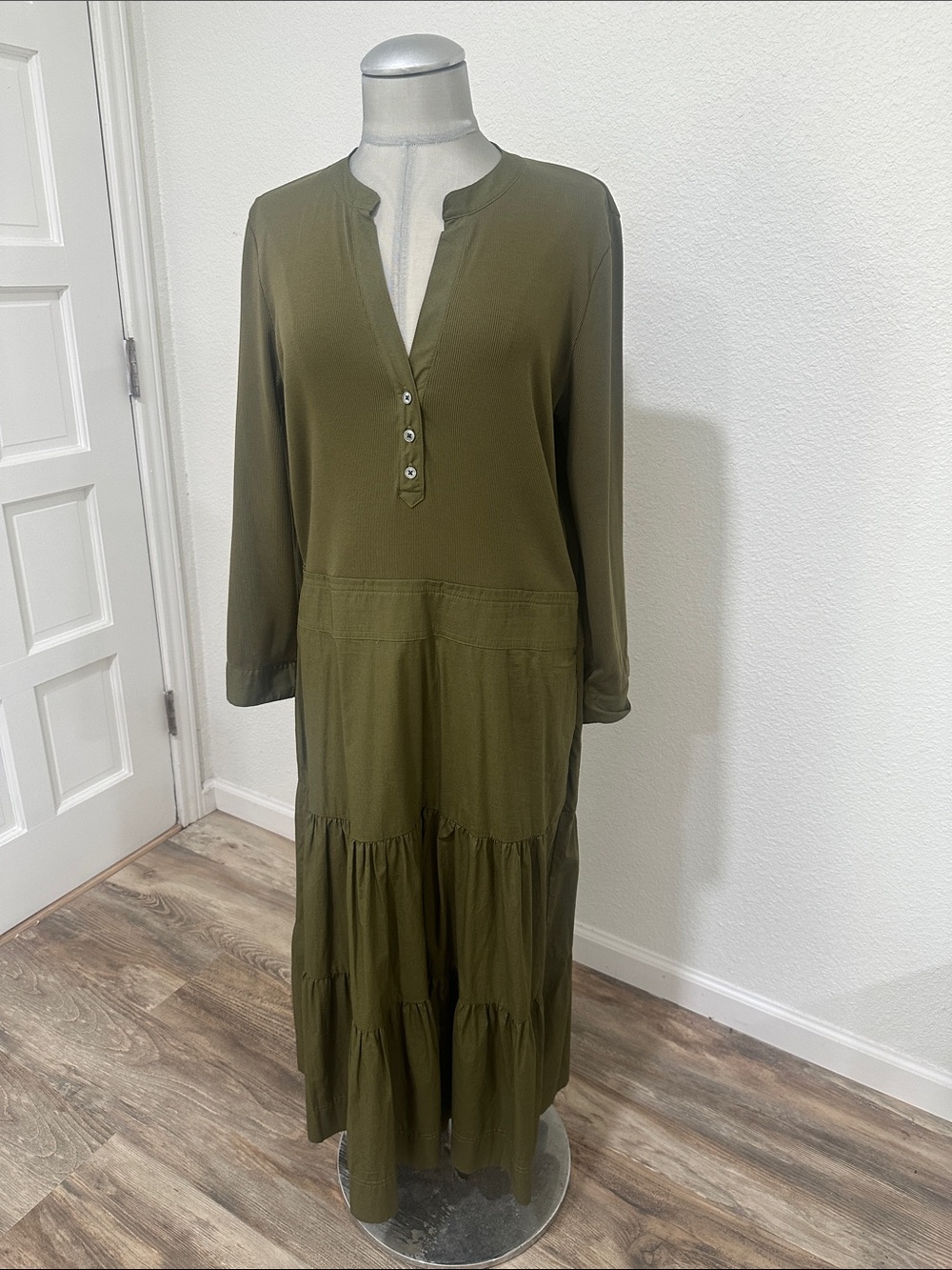 Veronica Beard Olive Tiered Maxi Dress with Button Placket